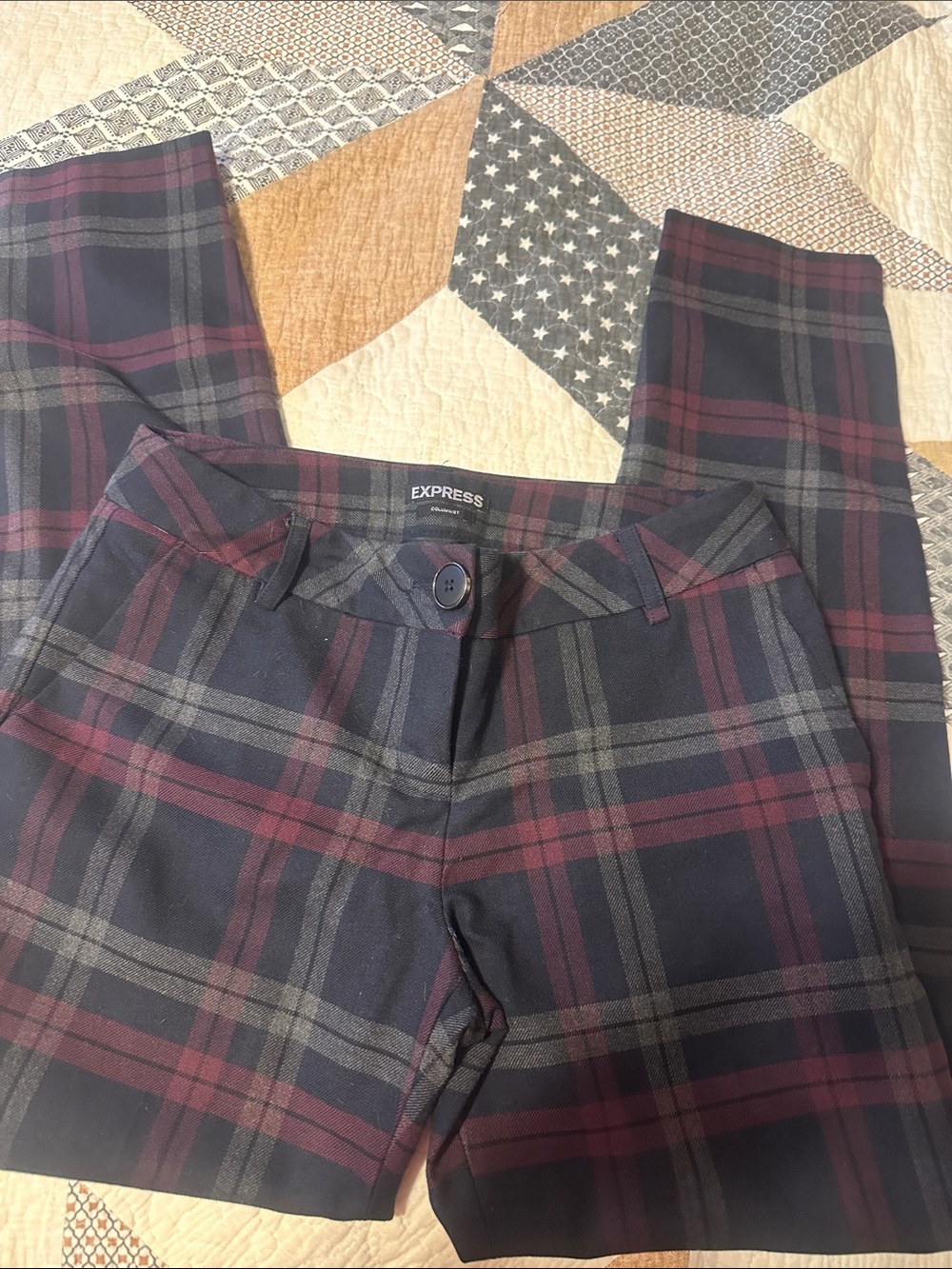 Express Plaid Straight-Leg Pants in Navy, Burgundy and Gray